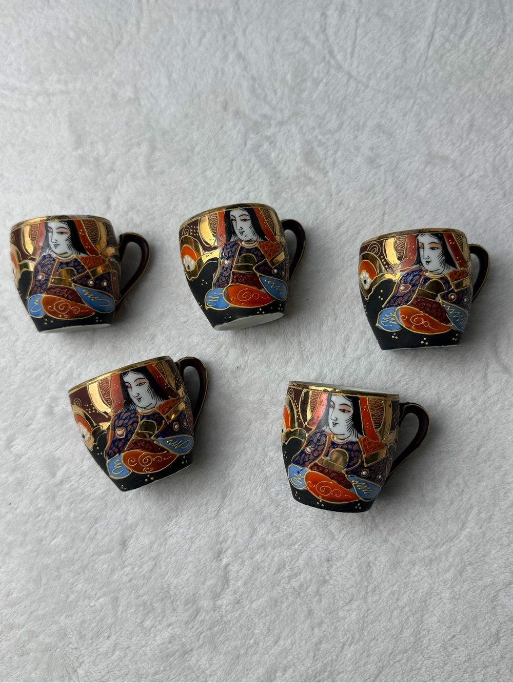 Vintage Japanese Geisha Demitasse Cups Set of 5 Hand Painted Gold